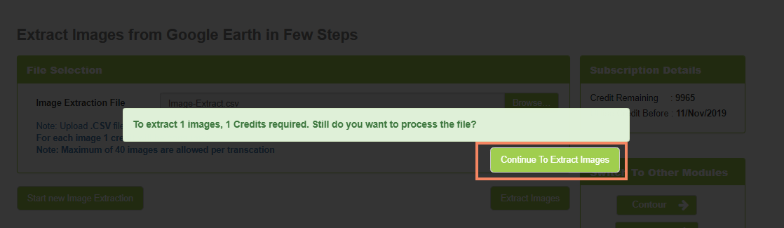 Continue to Extract image option in Image Extraction tool